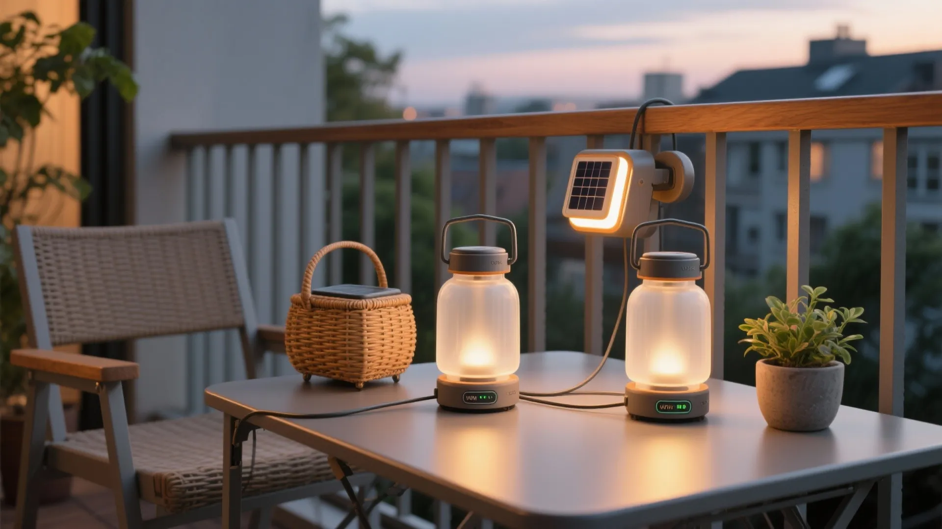 Rechargeable lanterns and a compact solar sconce cast warm light on a small balcony.