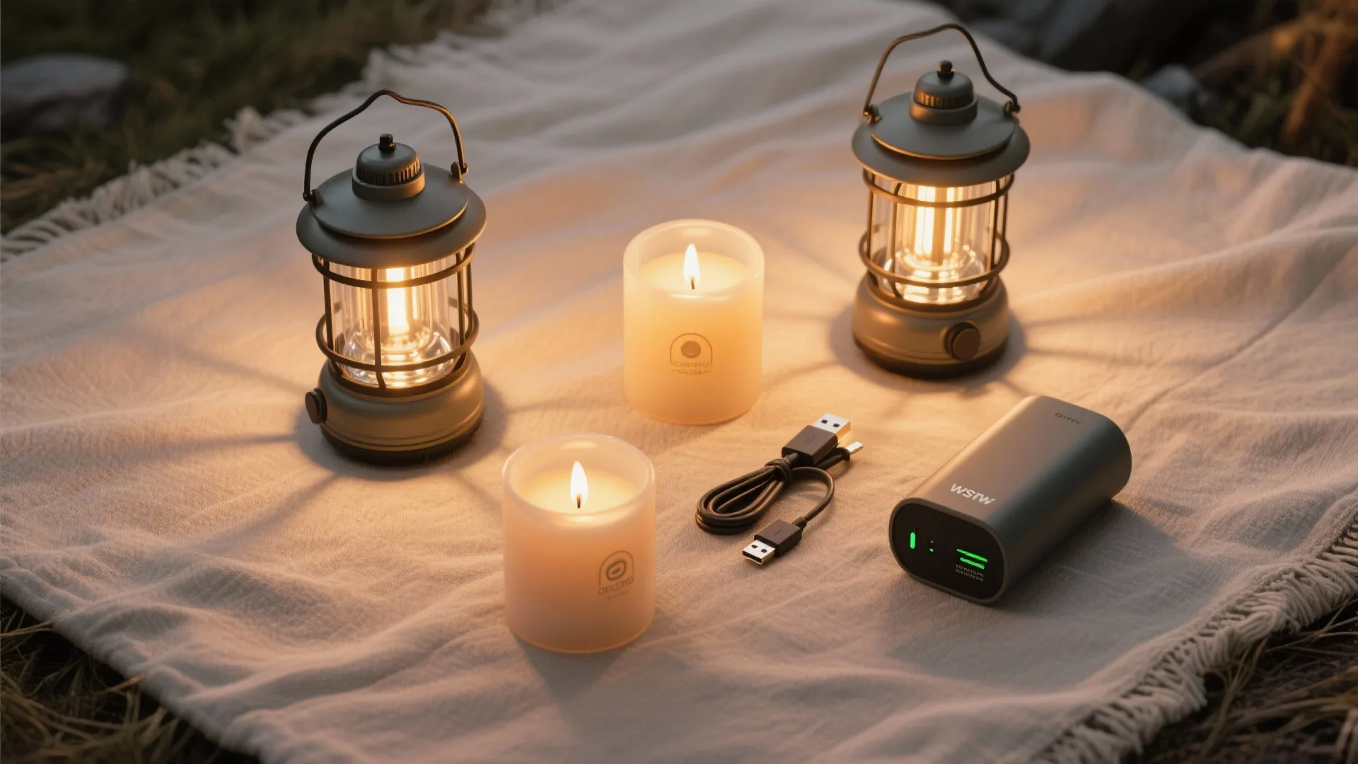 Outdoor camping setup with two portable lanterns and glowing candles on a white blanket ground