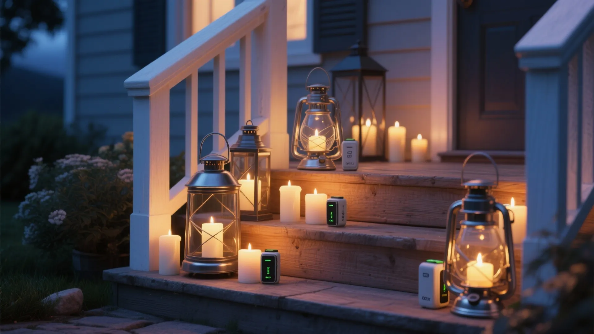 Metal lanterns and white candles placed on wooden steps of a house entrance during night