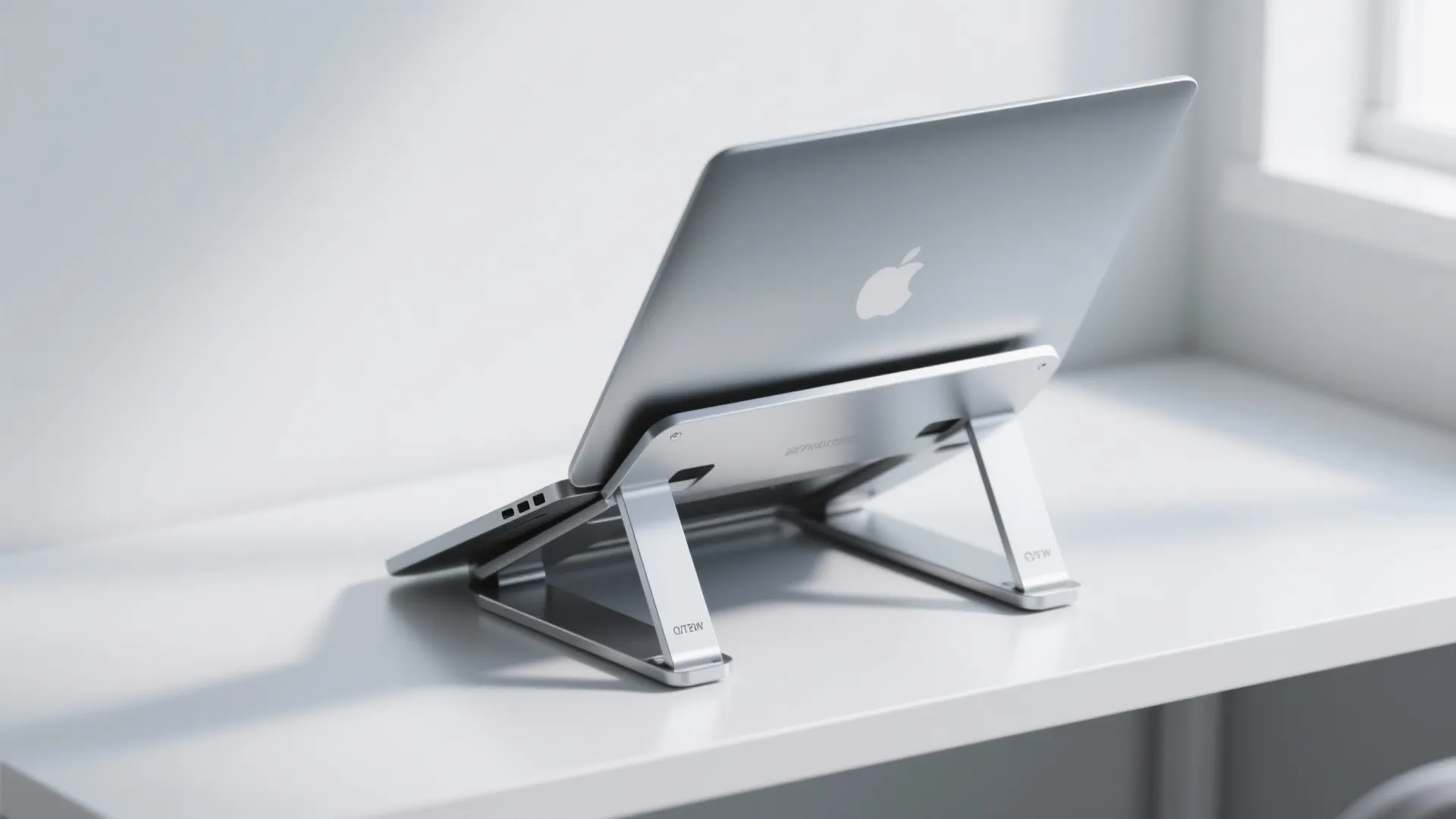 Modern silver adjustable laptop stand on a white desk with natural light from a window