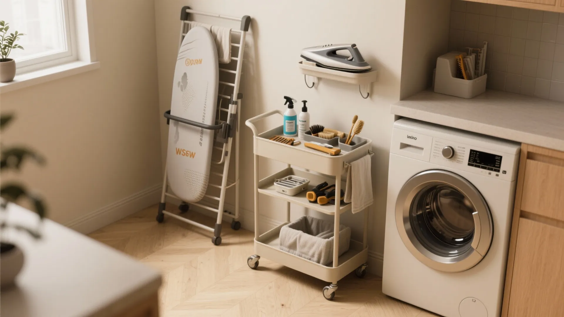 Laundry room corner with a white washing machine rolling storage cart and an ironing board