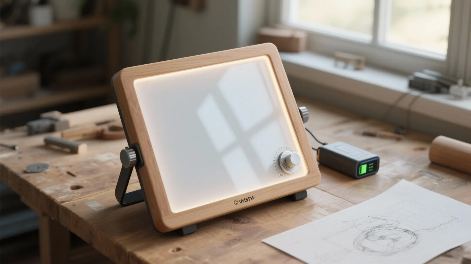 Wooden frame light box on a workshop table with a pencil drawing and power bank