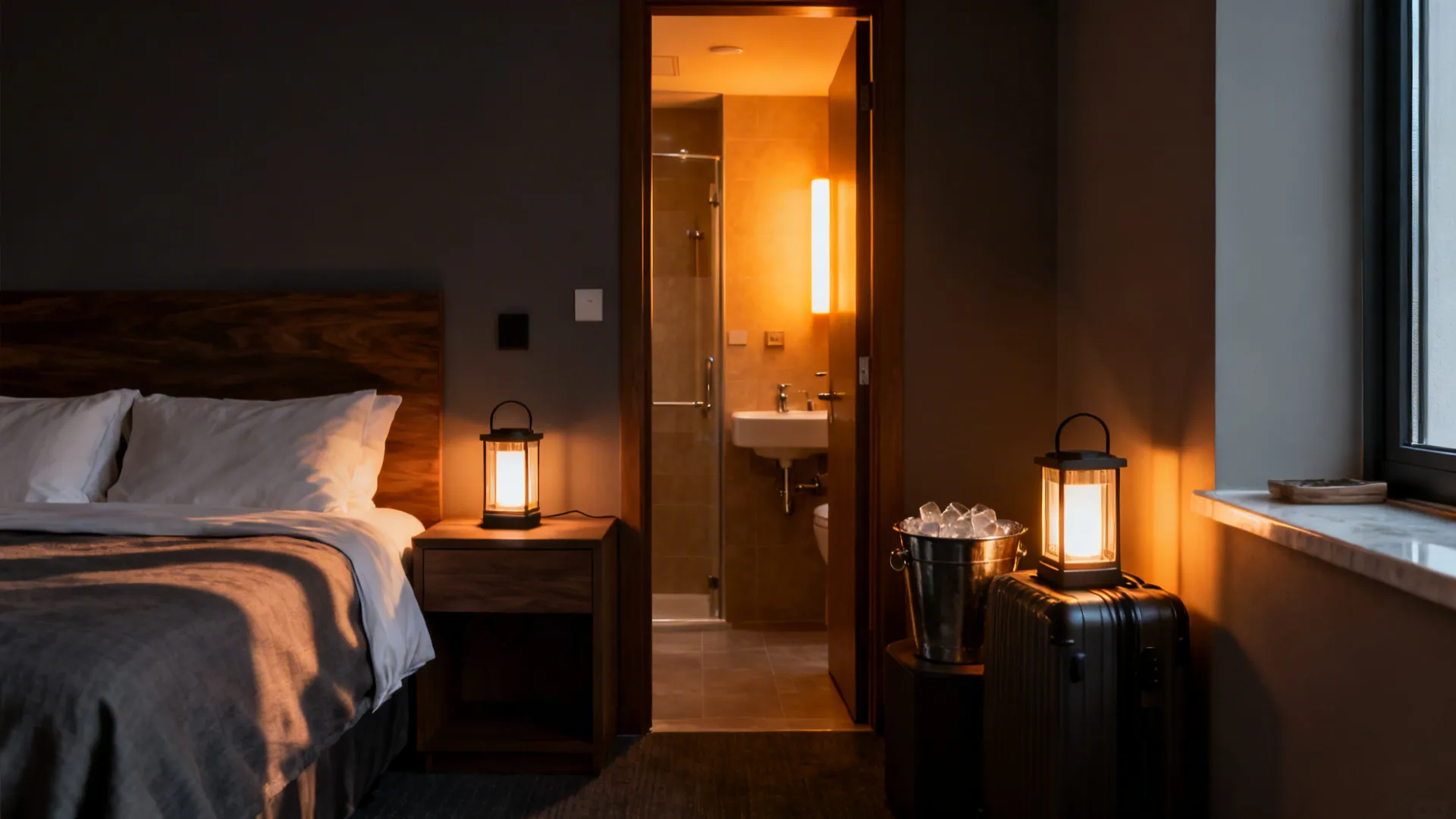 Warm portable LED lights layer soft glow around a modern hotel bed with charcoal tones.
