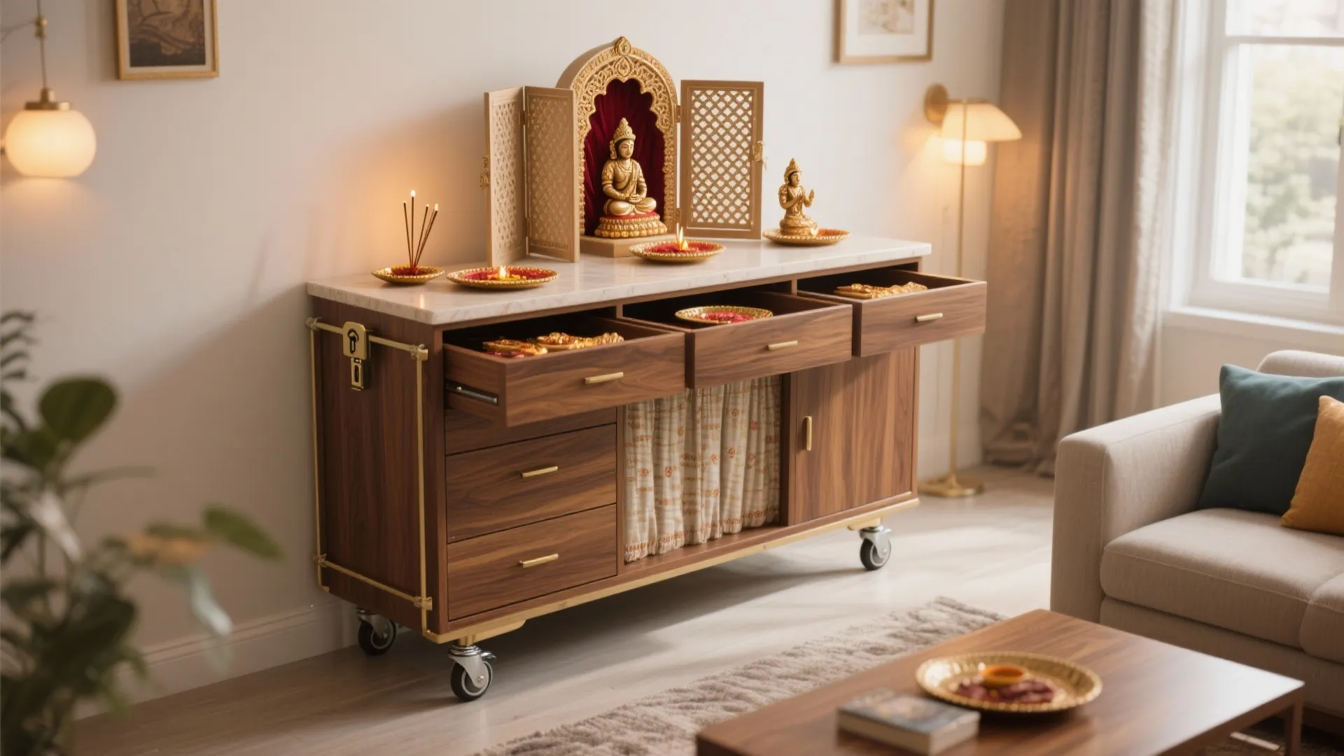 Portable wooden prayer unit with open drawers marble top gold statues and wheels in living room