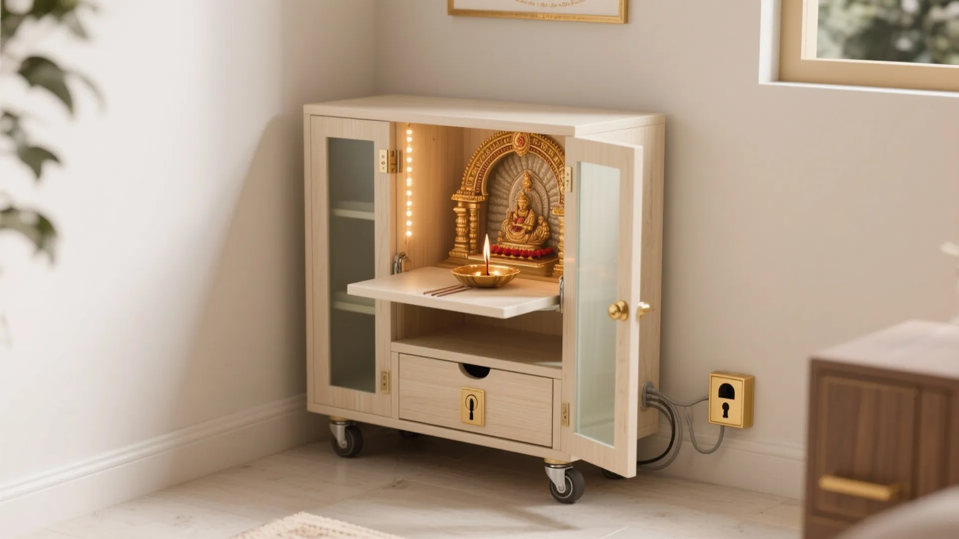 Portable mandir cabinet with fold-down ledge, light wood finish, and lockable wheels in a small alcove.