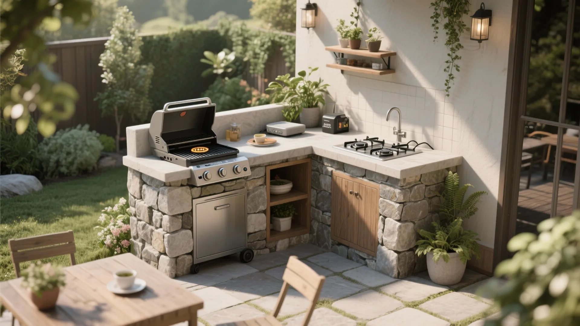 Outdoor stone kitchen setup with grill sink wooden cabinet plants and table in sunny garden