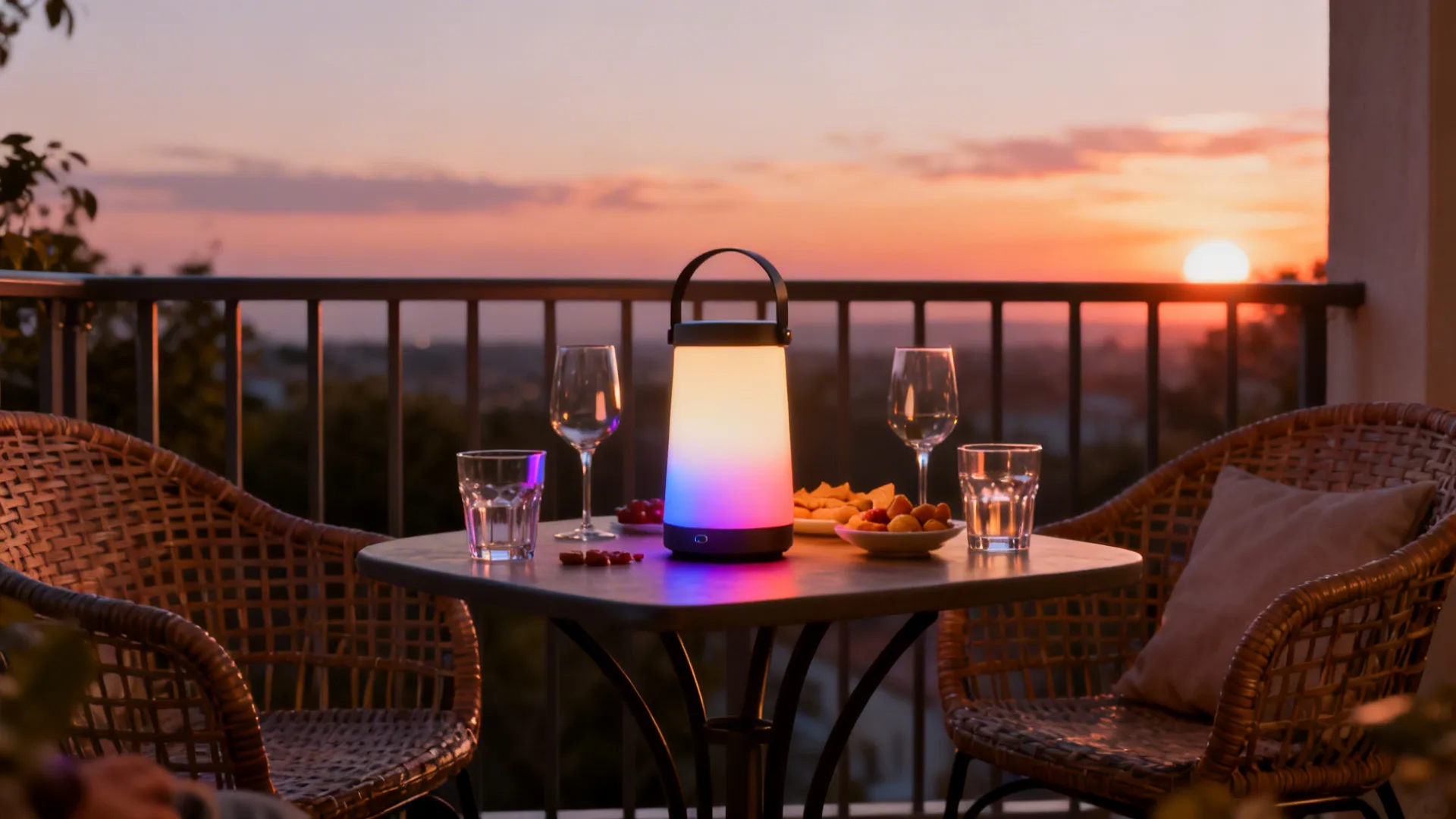 Balcony entertaining with a portable cordless lamp as a colorful mood centerpiece at dusk.