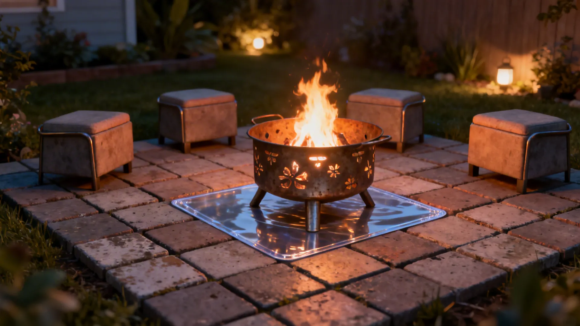 Portable metal fire pit on a small paver pad with low seating and ambient lighting.