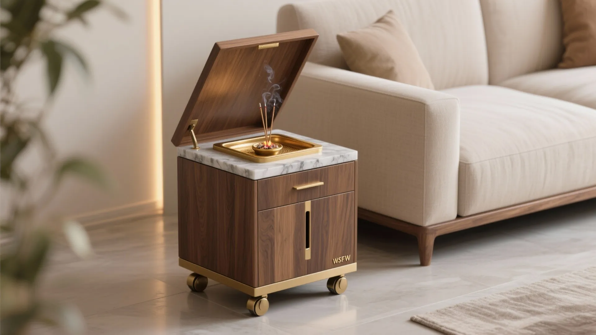 Small wooden cabinet on wheels with a marble top and burning incense near a beige sofa