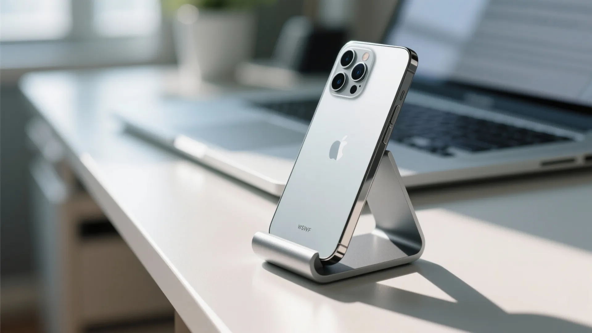 Silver metal mobile phone stand holding a smartphone on a white desk with laptop background