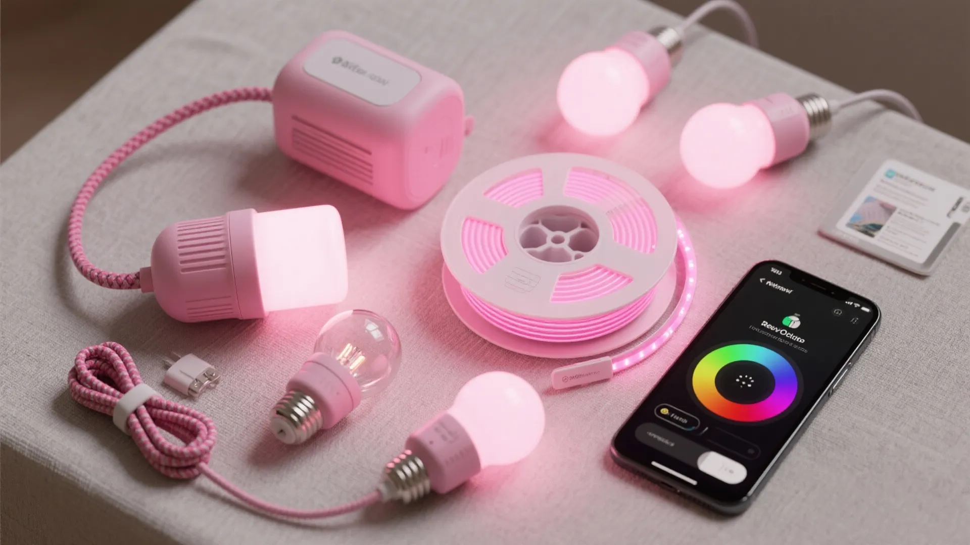 Flatlay of portable pink LED lamps, smart bulbs, and an app showing easy color adjustments for renters