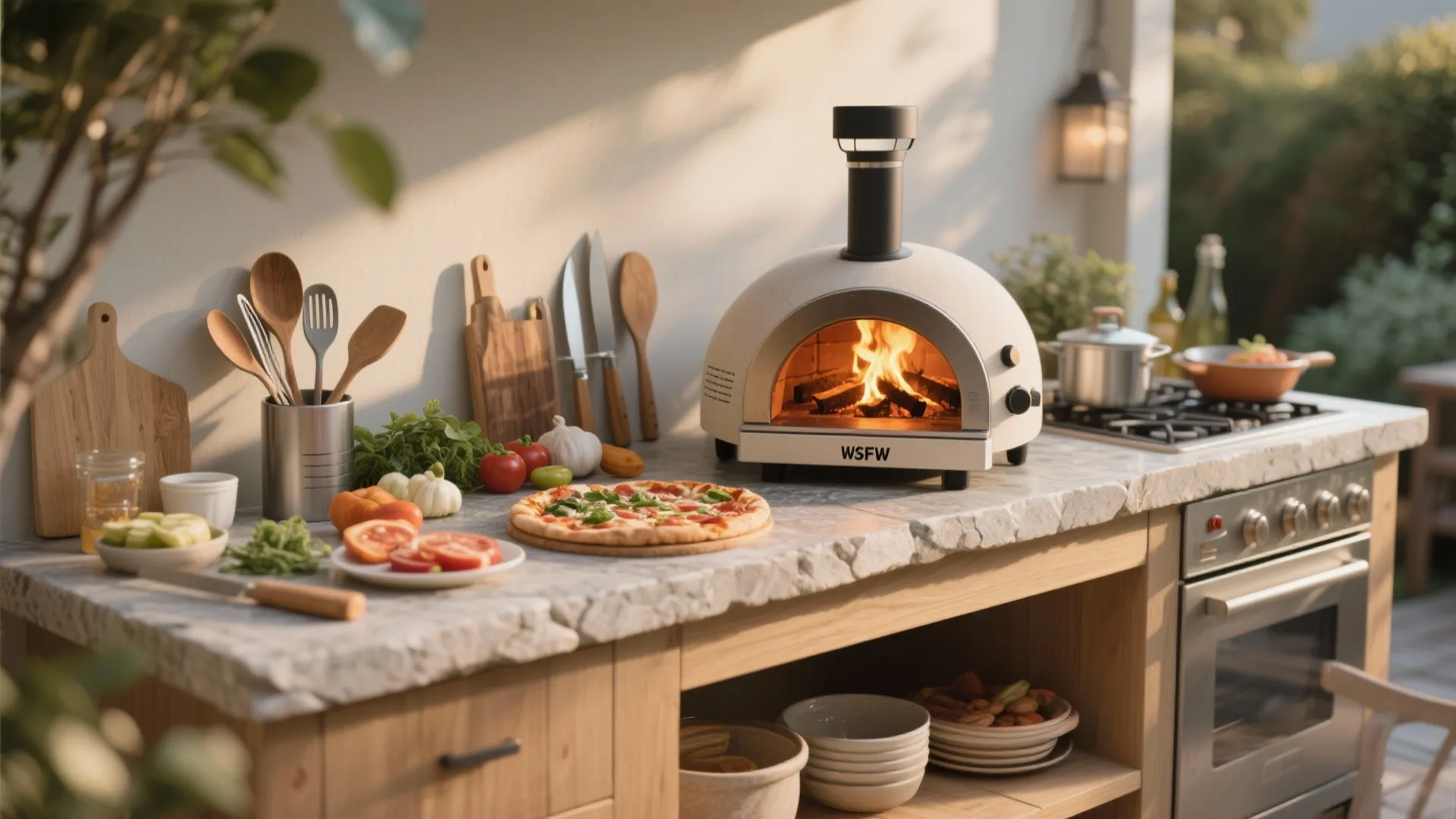 White portable pizza oven with fire inside sitting on a kitchen counter with fresh ingredients