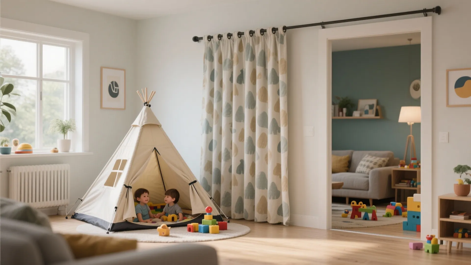Two toddlers playing inside a white play tent in a living room with patterned curtains