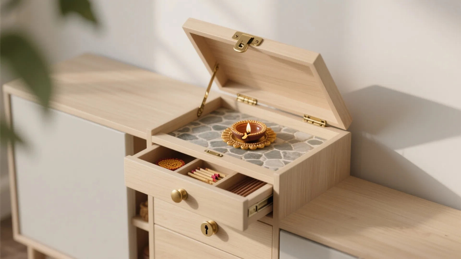 5) Portable Plywood Pooja Chest with Flip-Up Altar