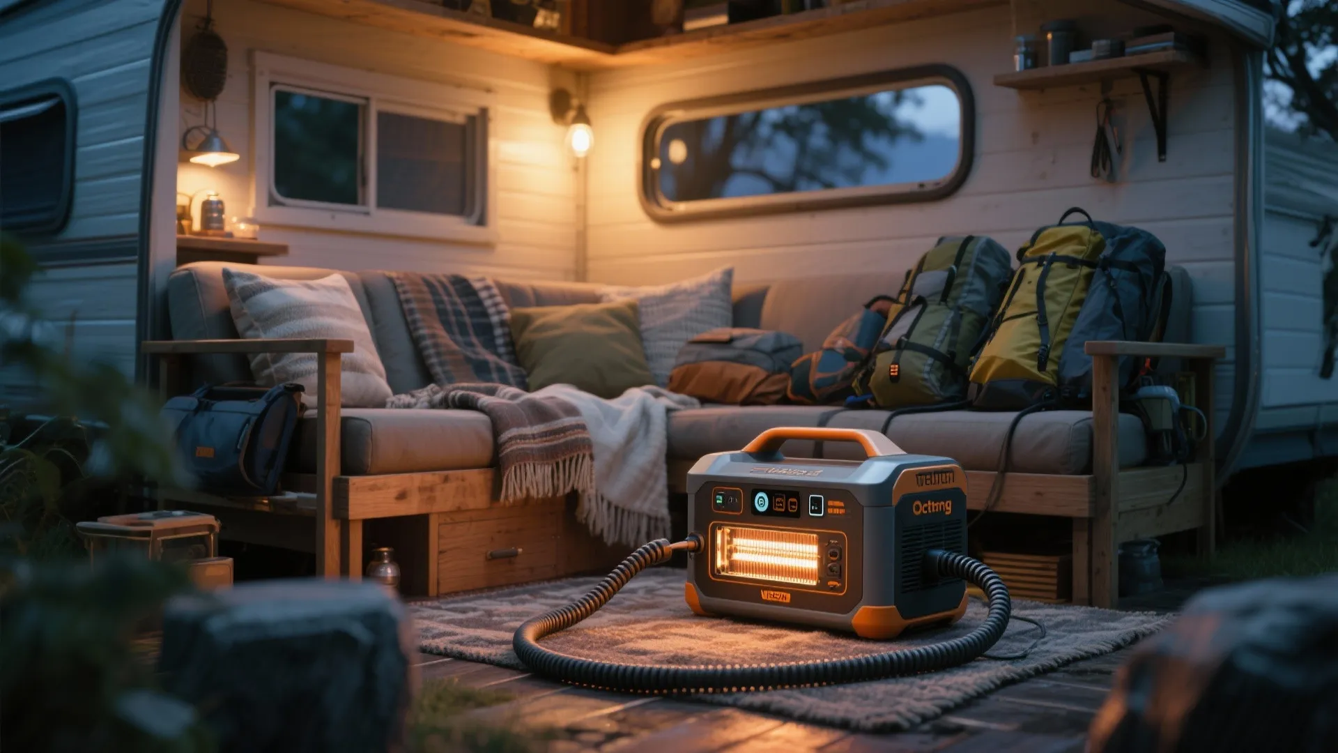 Portable power station running a small heater inside a cozy camper van with a sofa