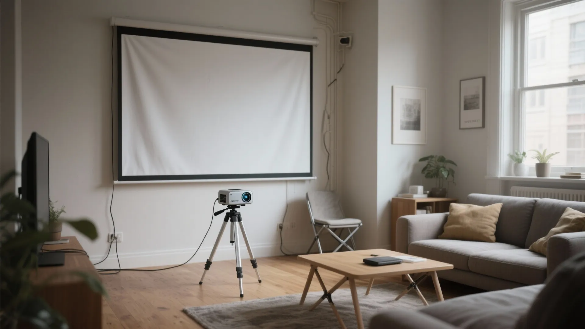 4. Portable projector + tensioned wall anchor