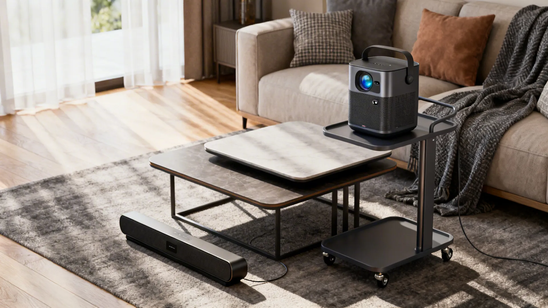 Portable projector on a rolling cart beside a coffee table in a flexible small living room layout.
