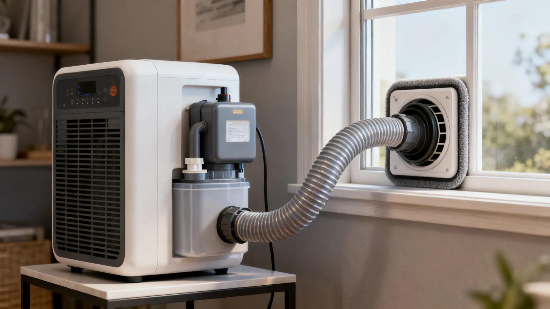 Portable dehumidifier with condensate pump routing hose up to a window vent