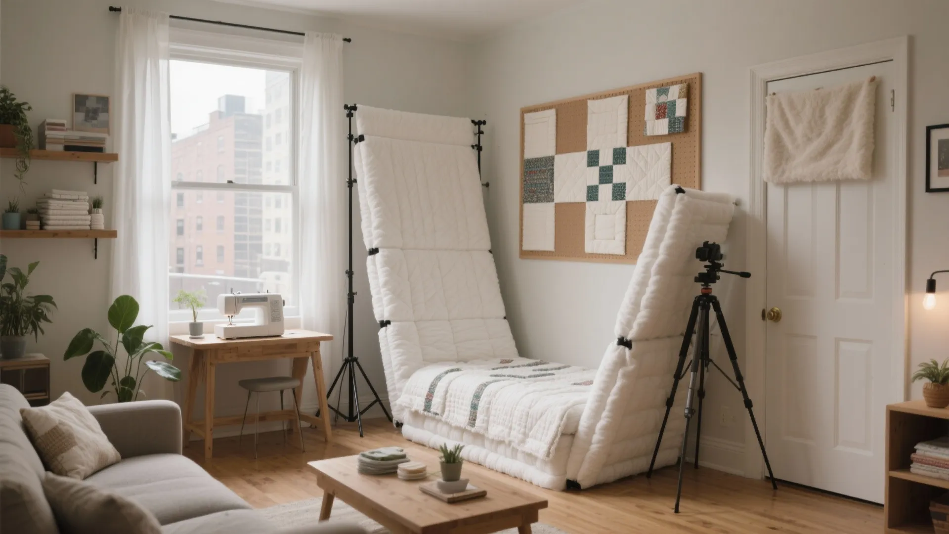 Bright craft room with sewing machine on desk and portable white quilt wall with camera