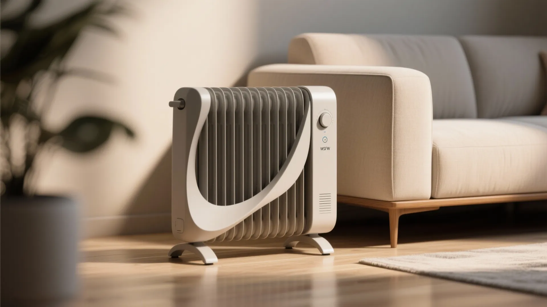 Portable white radiator heater sitting on a wood floor next to modern cream colored sofa