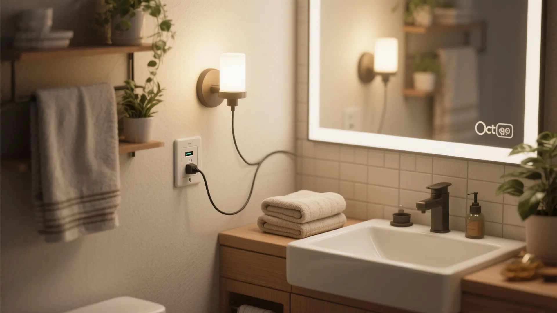 Small wall light plugged into white wall outlet next to a bathroom sink and mirror