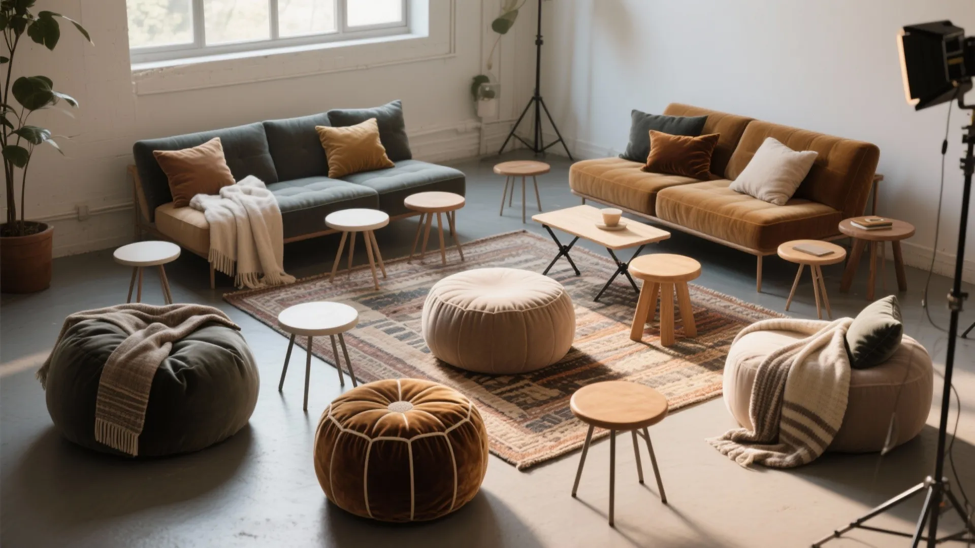 Modern studio living room with two sofas small wooden stools bean bags and patterned floor rug