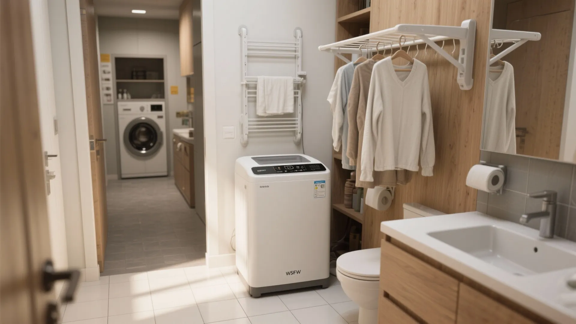 Modern laundry area featuring a white washing machine next to a toilet and clothes rack