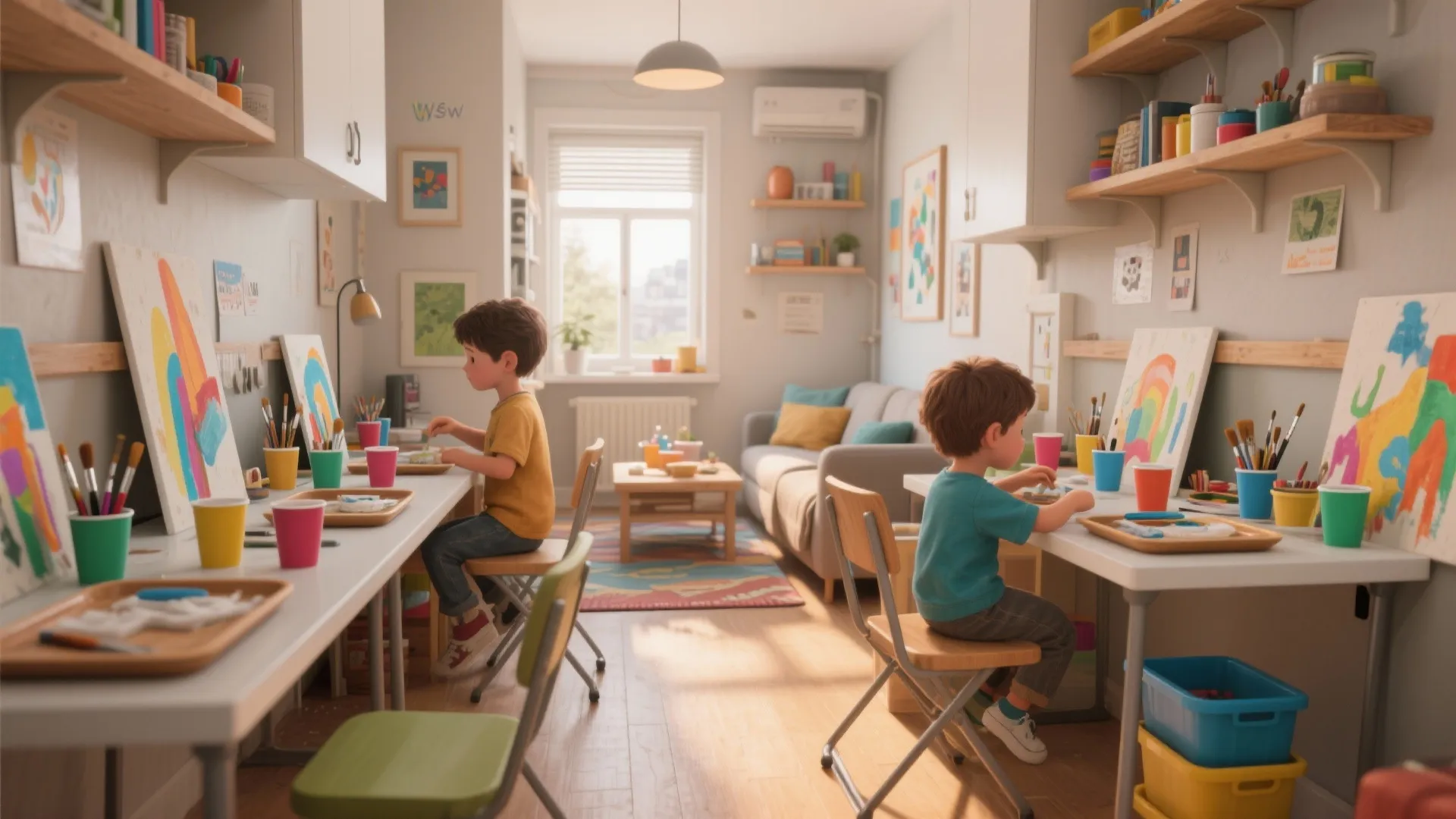 Two young boys sitting at desks painting colorful pictures in a bright and sunny room