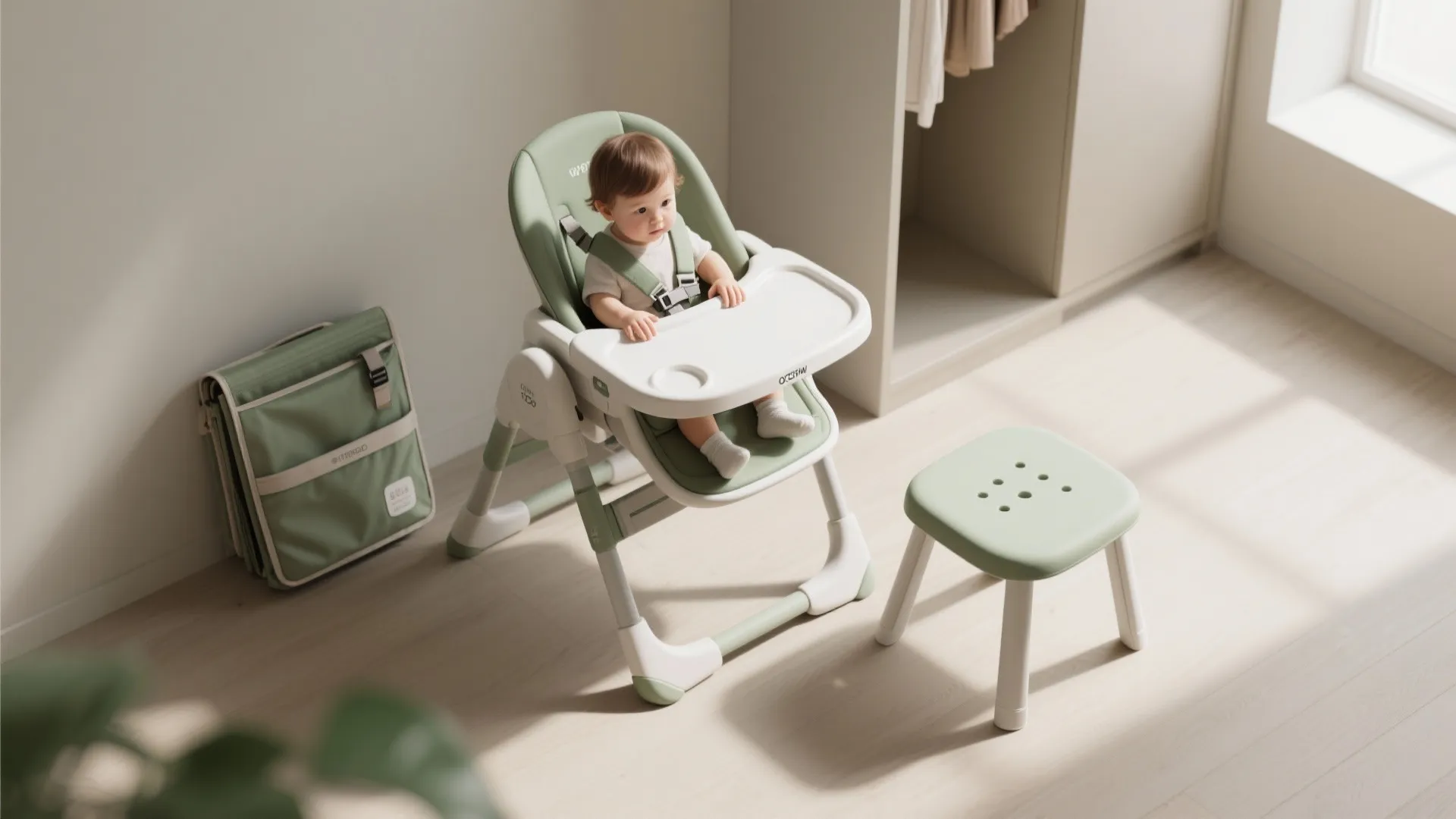 Lightweight portable highchair that converts to a low stool, shown folded and in use with washable materials.