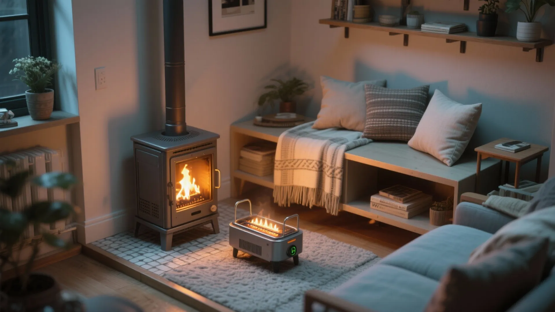Cozy living room with fireplace and small heater next to sofa with pillows and blanket