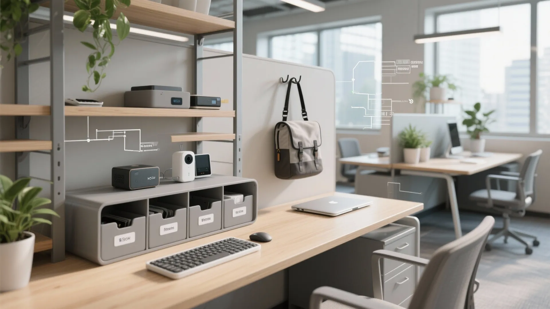 Modern office workstation with wooden desk white keyboard laptop storage boxes and small white camera