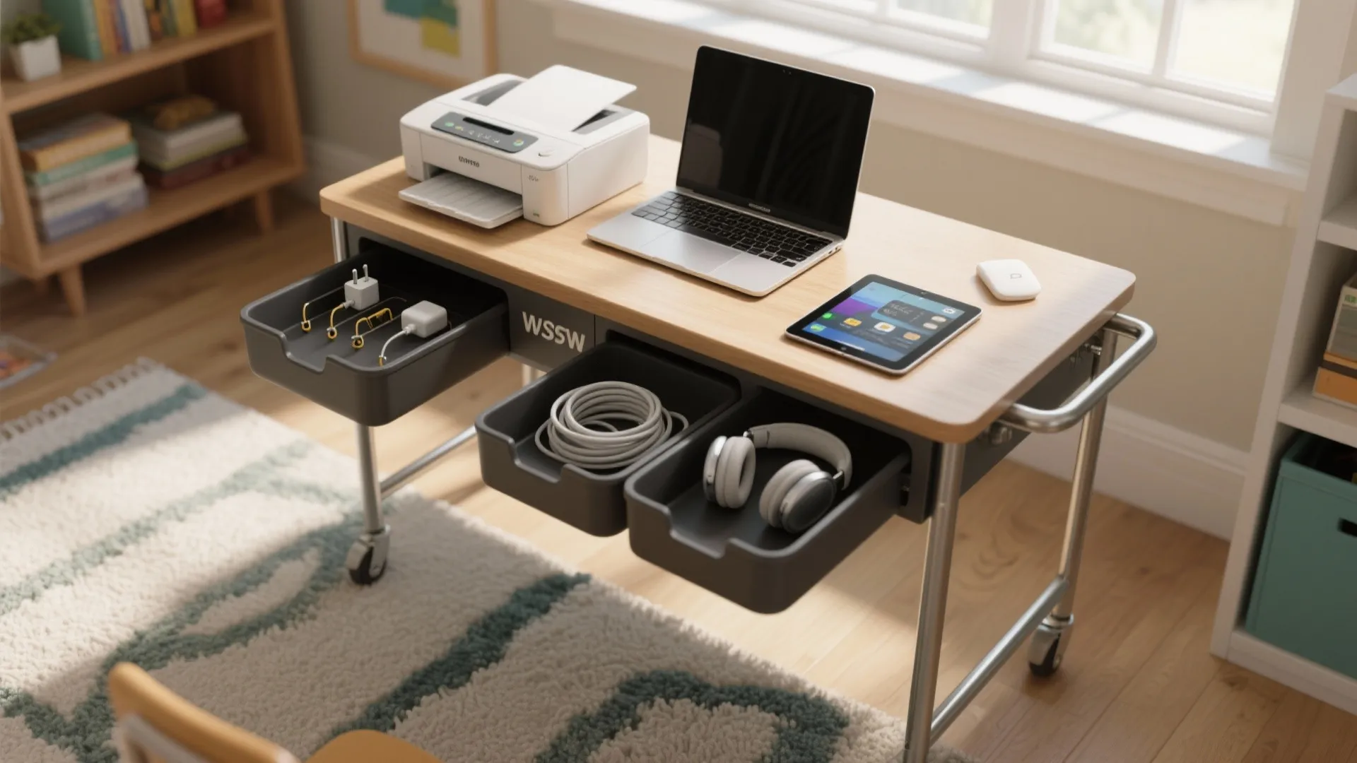 Mobile wooden desk with wheels holding a laptop printer tablet and drawers for storage cables