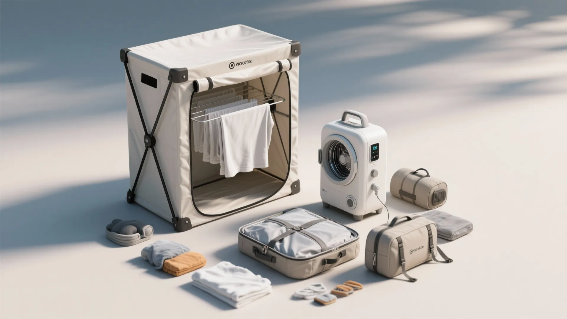 Top-down view of a collapsible drying cabinet and a portable dryer being folded, with packing and accessories.