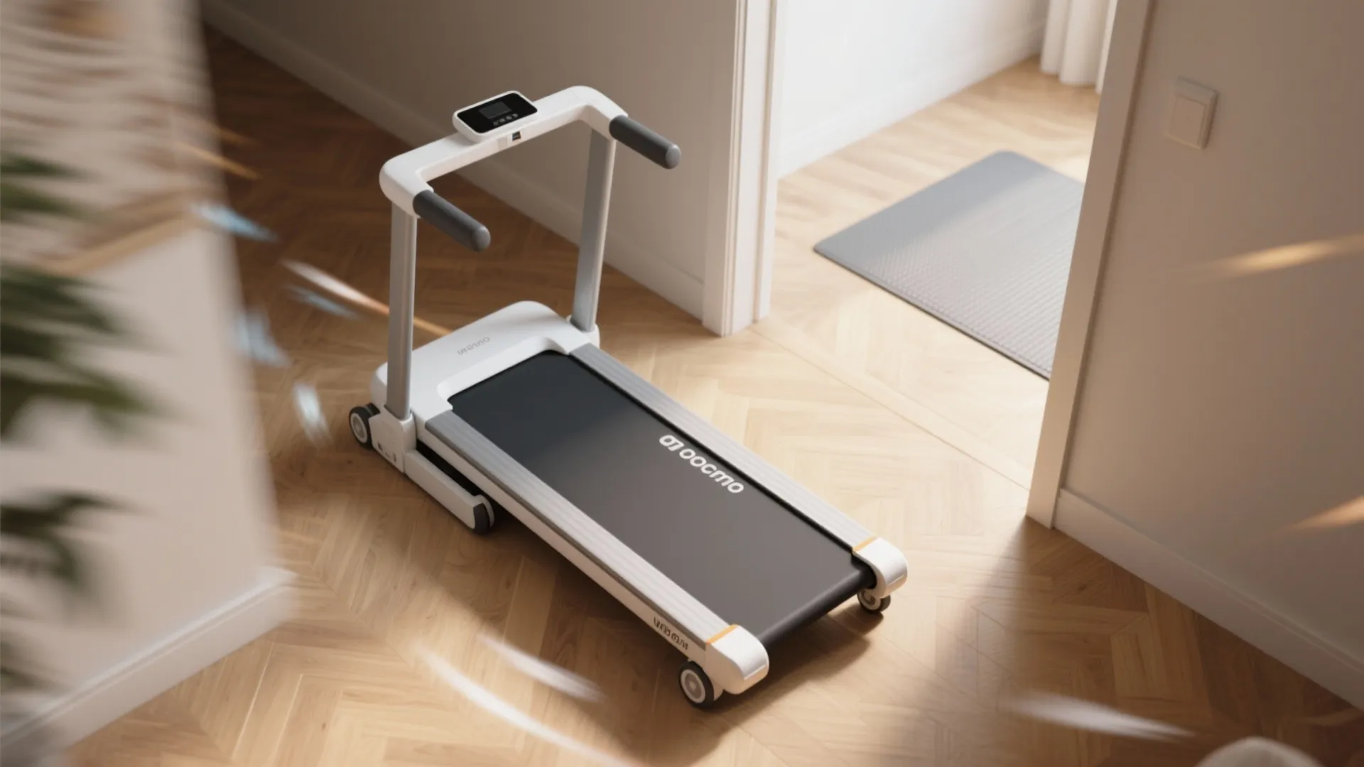 Modern white portable treadmill placed on light wooden floor in a sunny home indoor hallway