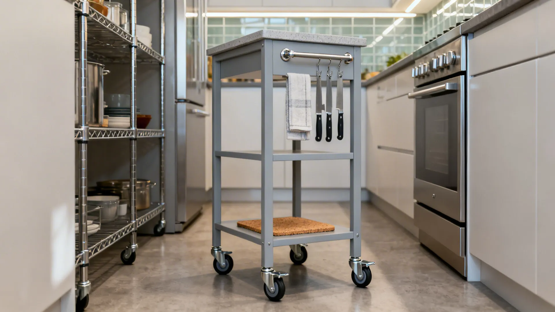 Grey kitchen cart on wheels with hanging knives and towel standing in a modern kitchen