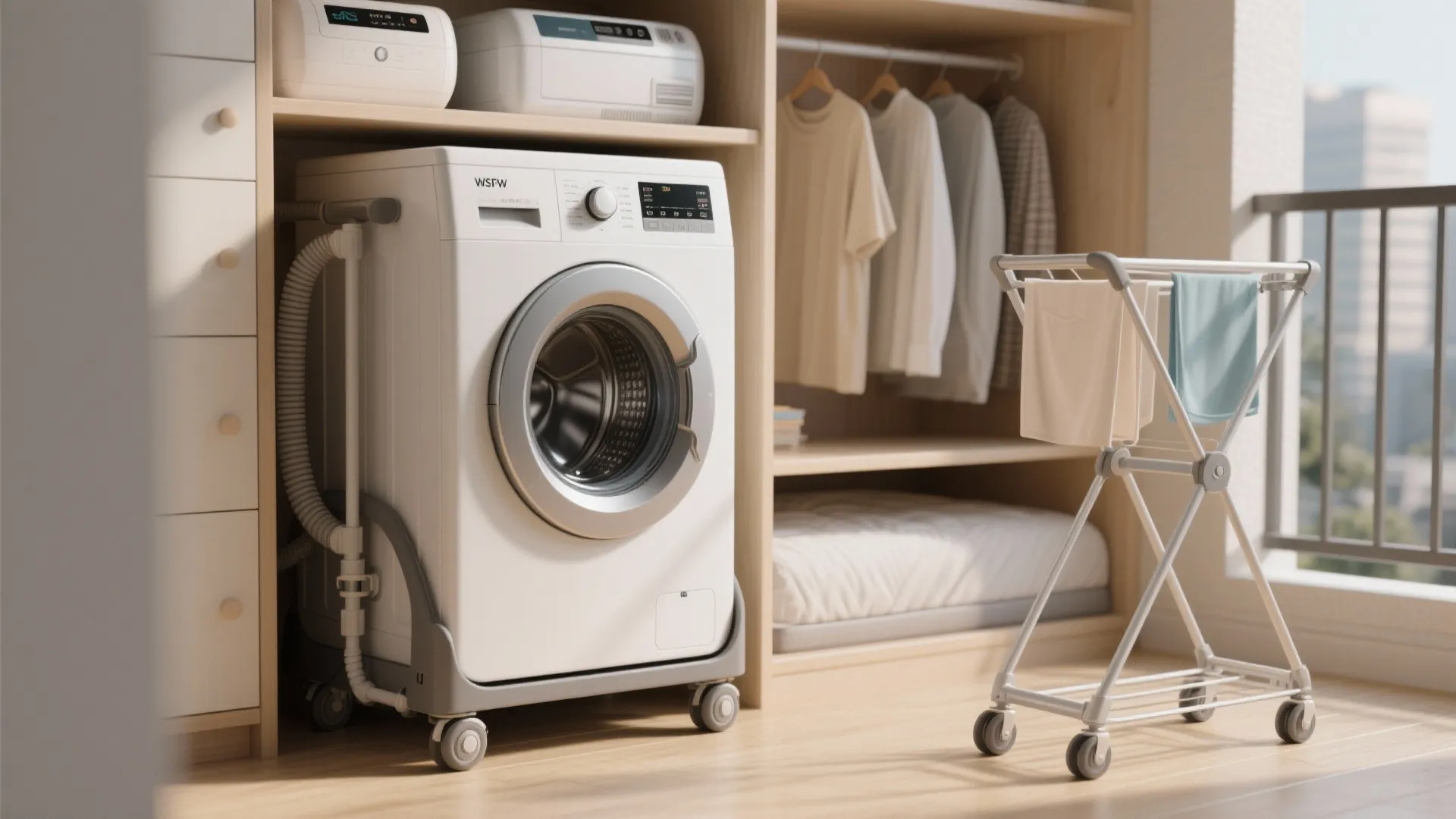 Portable white washing machine on wheels sitting inside a wooden closet next to hanging clothes