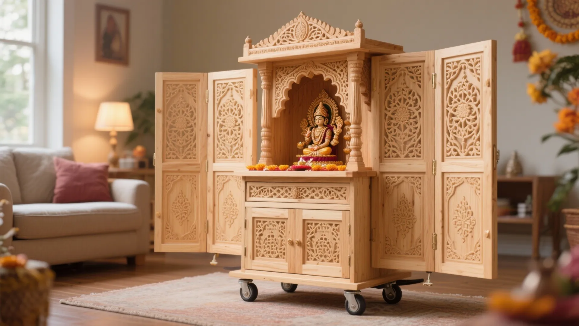 Carved wood home prayer cabinet with wheels placed on a rug in a living room