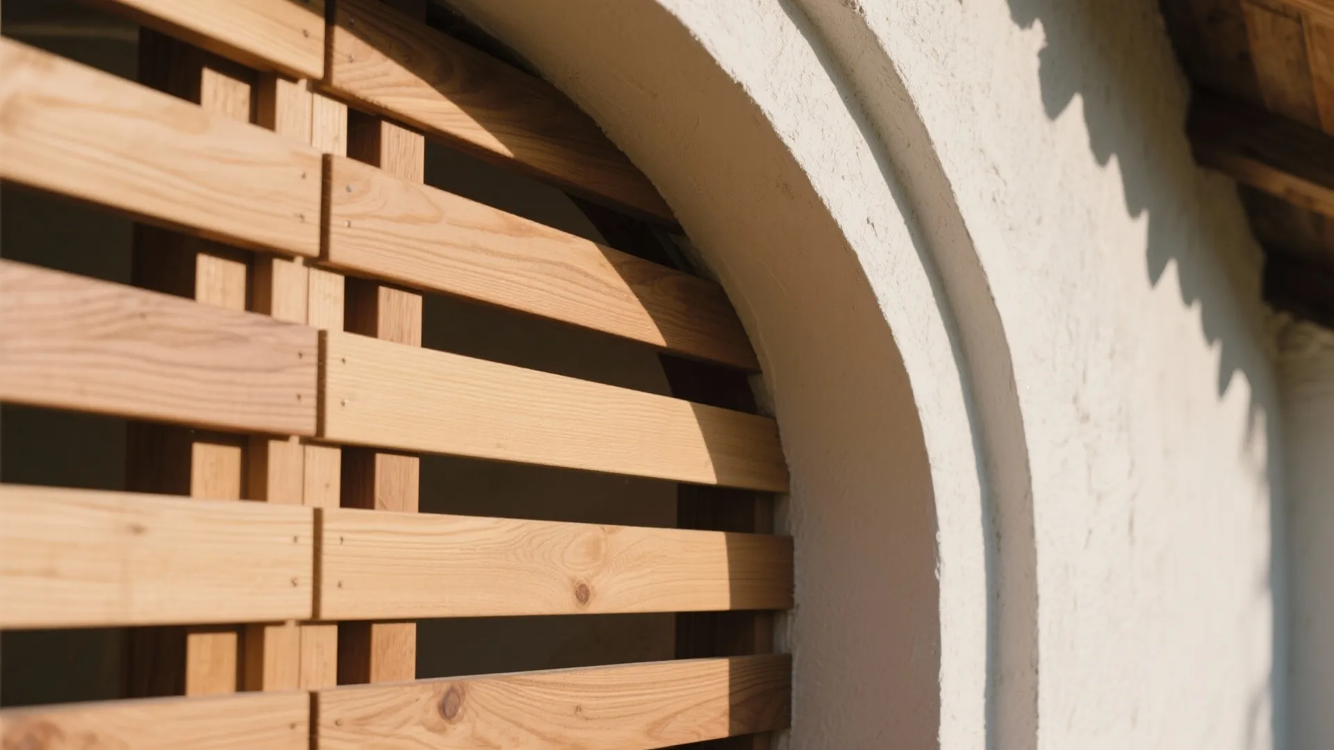 Close up view of an arched wall with horizontal wooden slats under bright natural sunlight