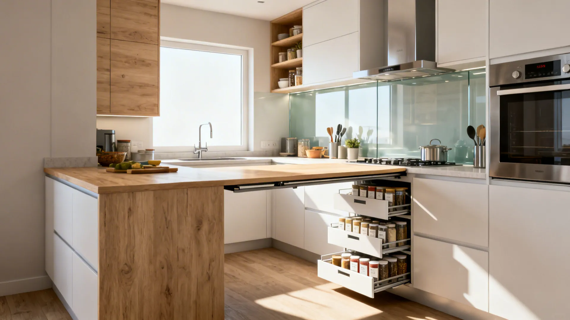 Before-and-after compact kitchen showing brighter L-shaped layout and improved storage.