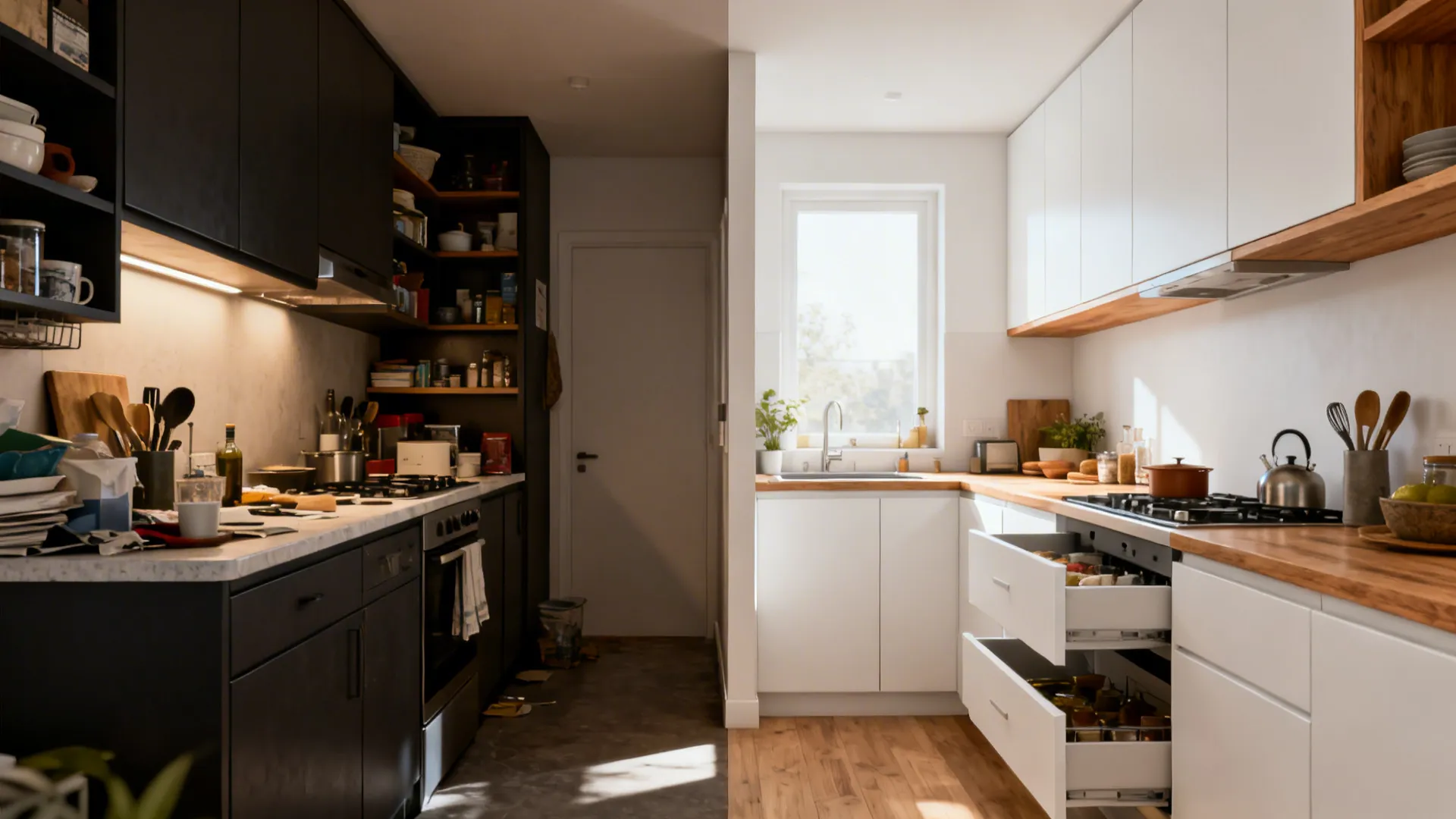 Before and after kitchen renovation comparison showing dark messy cabinets versus bright white organized kitchen space