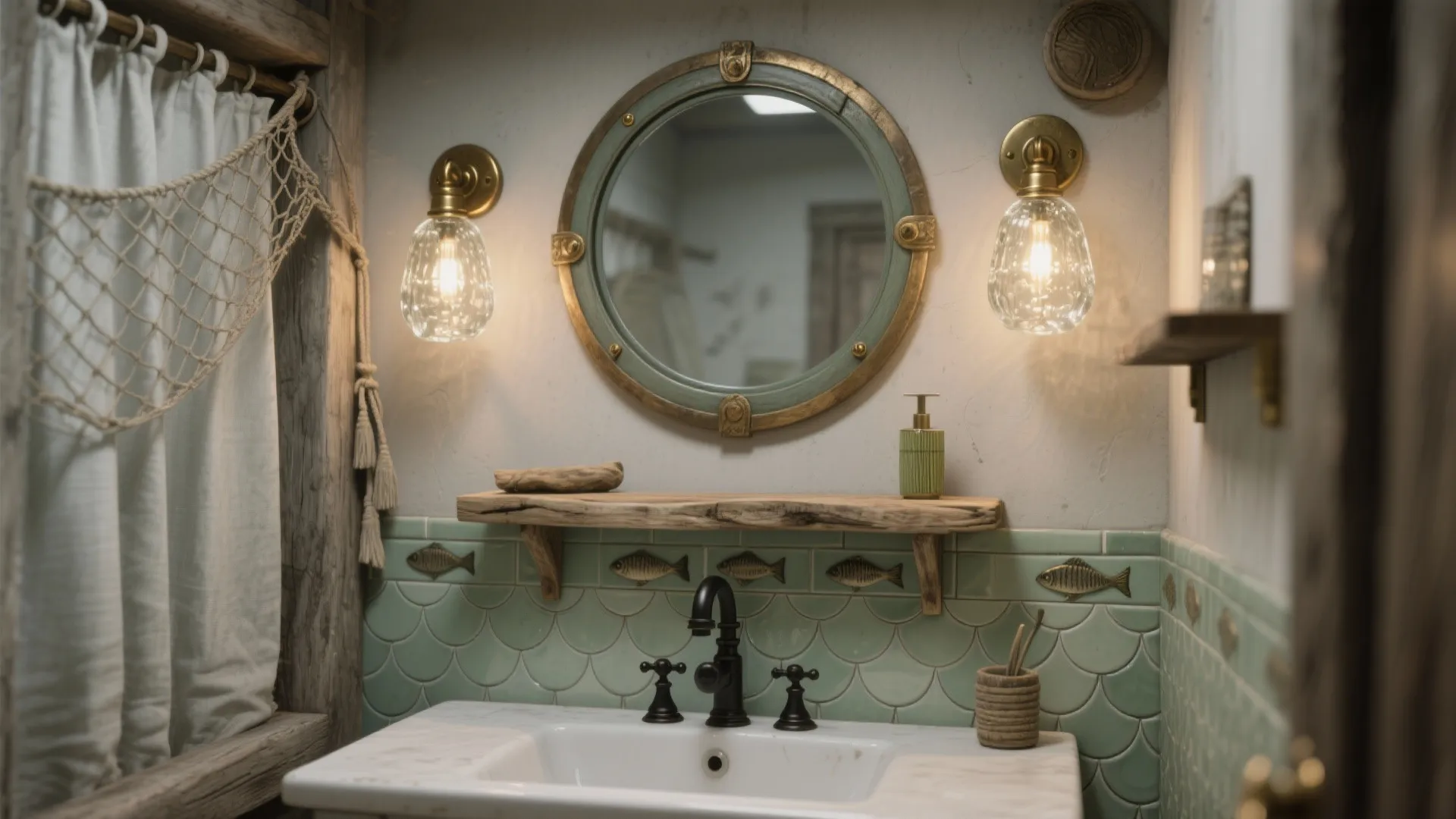 Idea 5: Porthole Mirrors, Shimmered Glass, and Gentle Glow