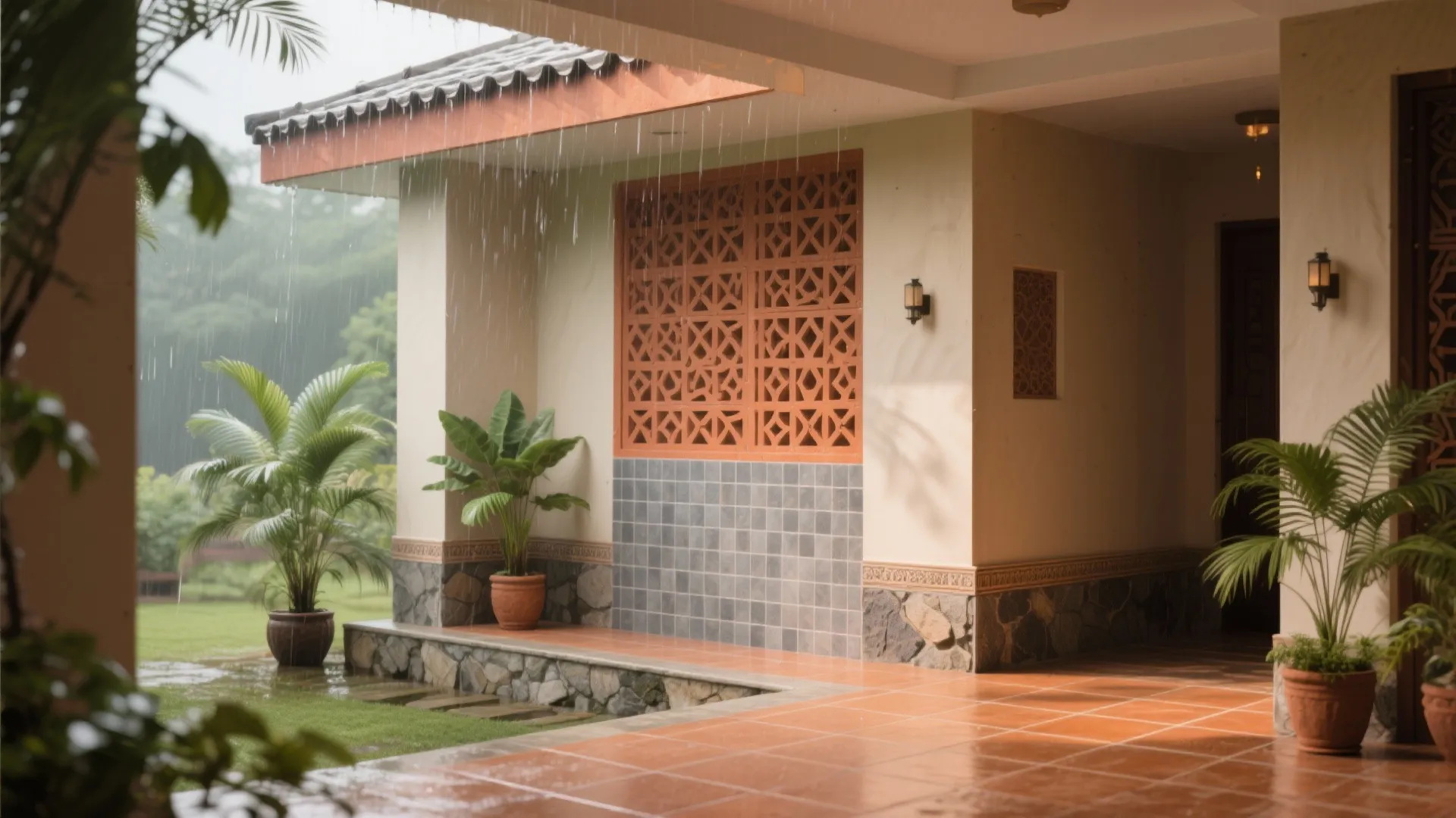 Outdoor patio with orange floor tiles potted green plants wall lights and orange patterned wall panel