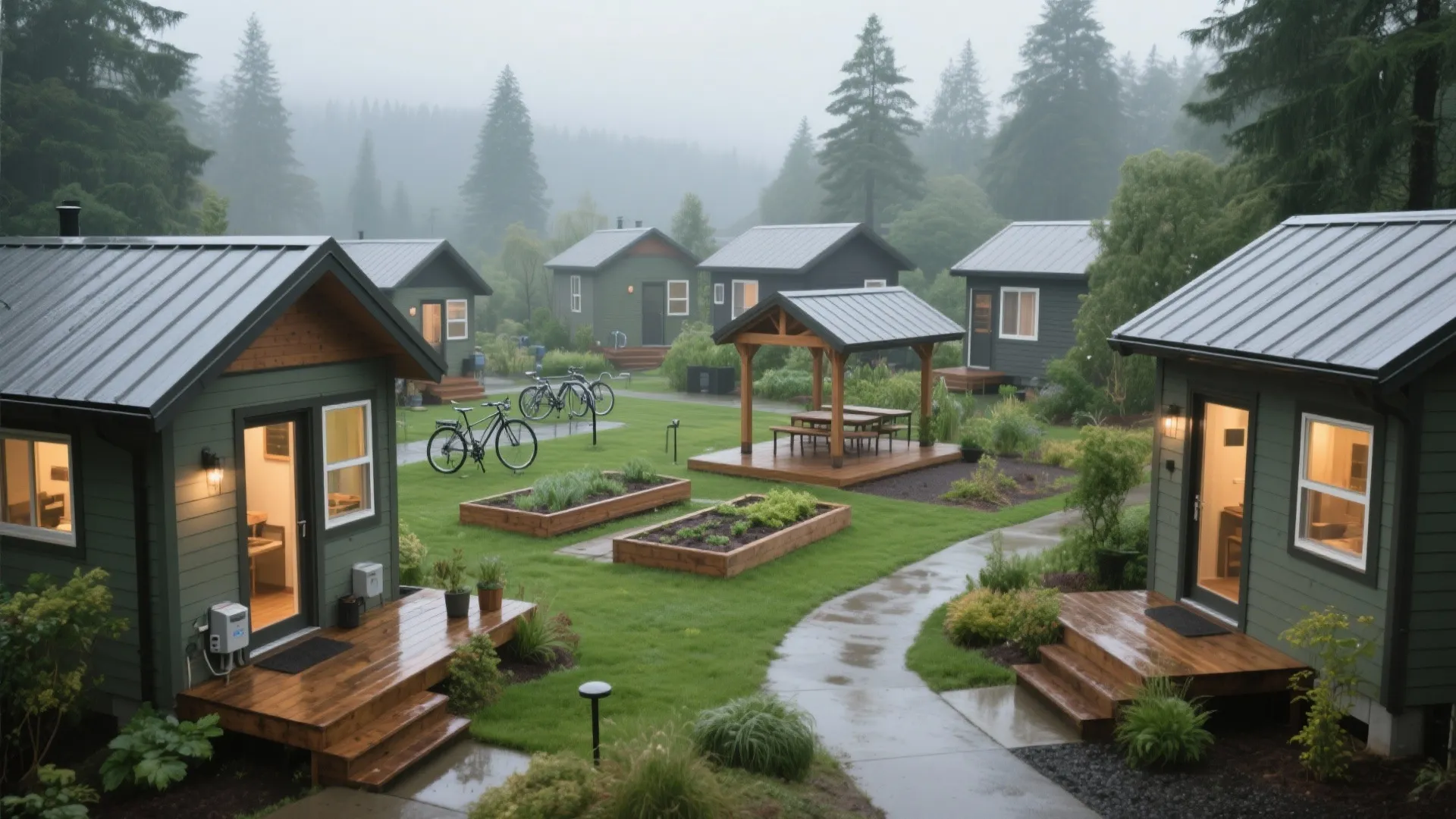 Small green tiny houses in misty forest community with garden beds bicycles and outdoor seating
