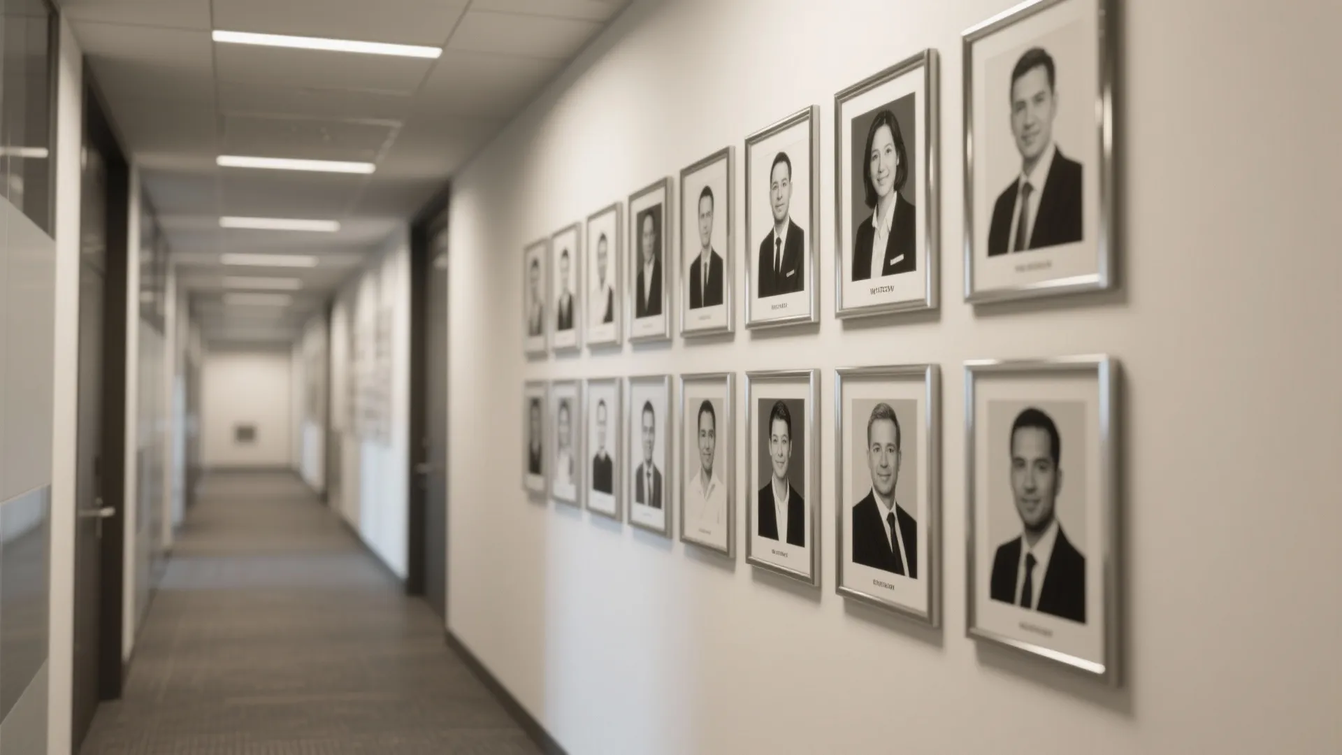 A long office hallway with two rows of framed black and white portraits on white