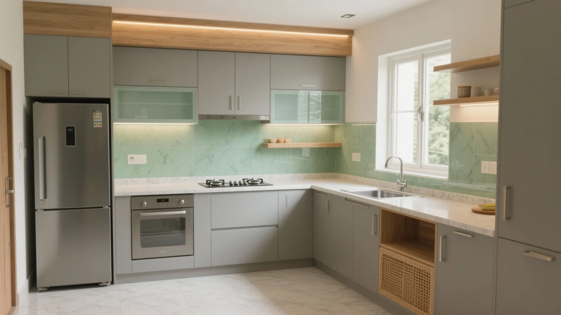 Modern grey kitchen with green wall tiles wooden shelves oven silver fridge and natural light