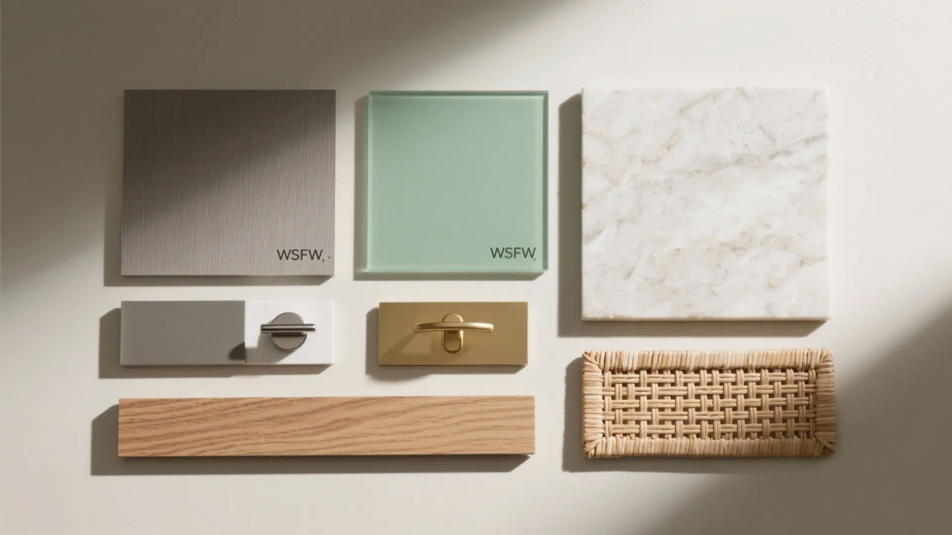 Collection of kitchen material samples including marble, wood, green glass, metal handles, and woven textures