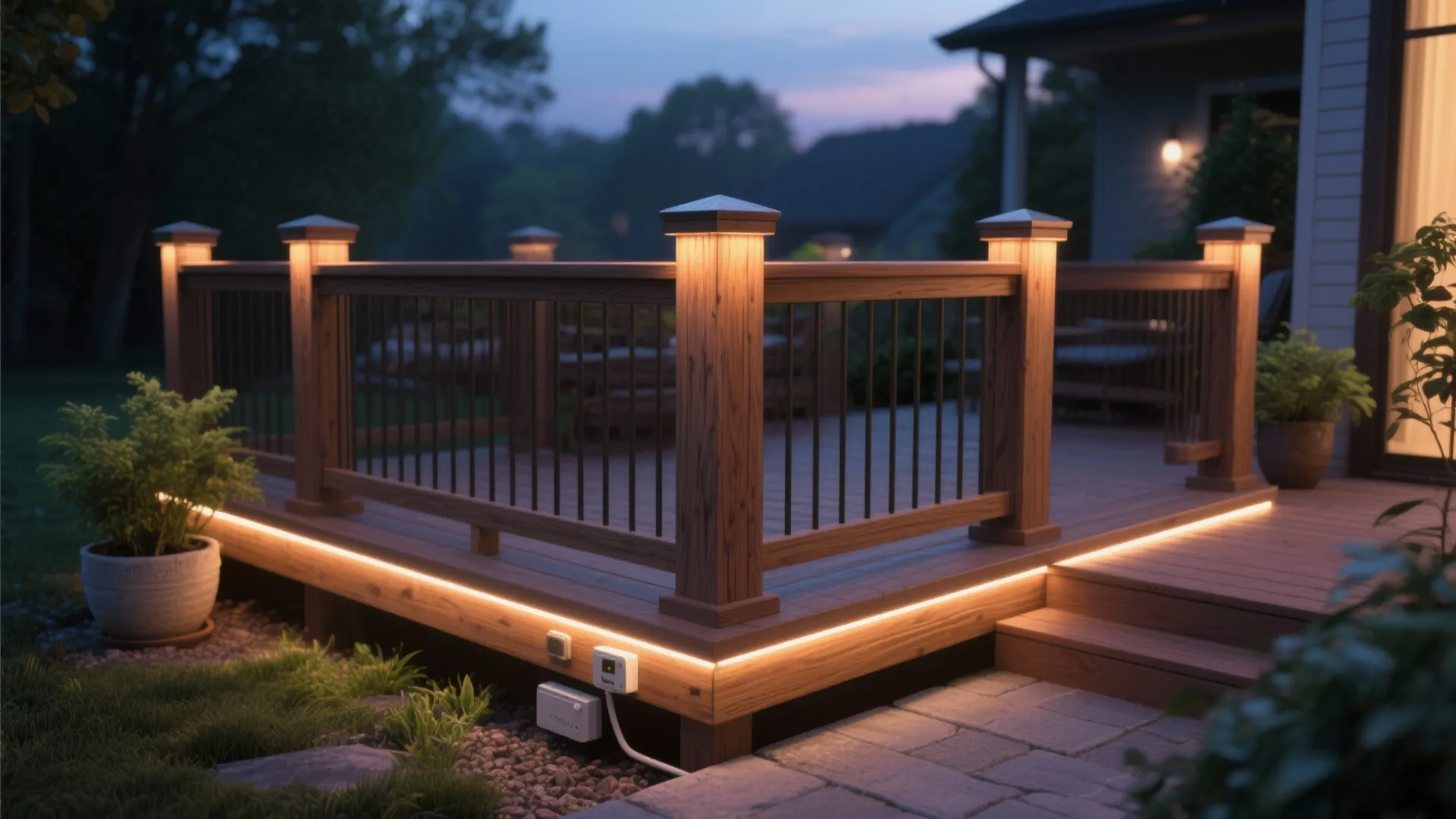 Wooden deck with glowing light fixtures on posts and strip lighting along the bottom edge area