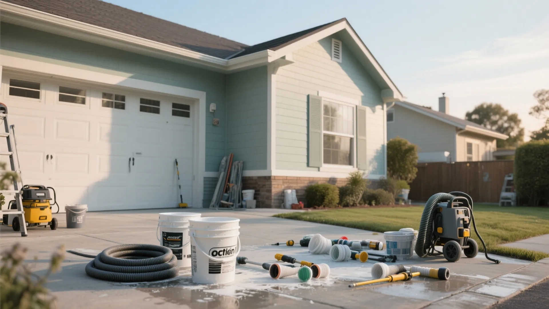 House exterior with cleaning equipment white buckets vacuum cleaner and hoses on a sunny driveway