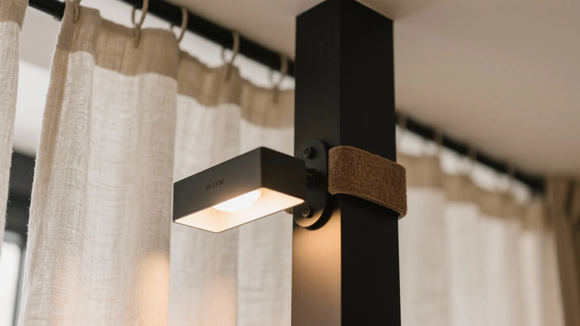 Close-up of a black wall light fixture attached to a bed post with white curtains