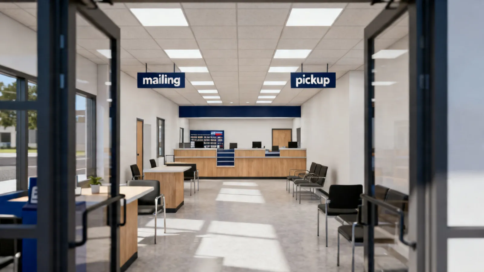 post office entrance view with clear signage and visible service counters